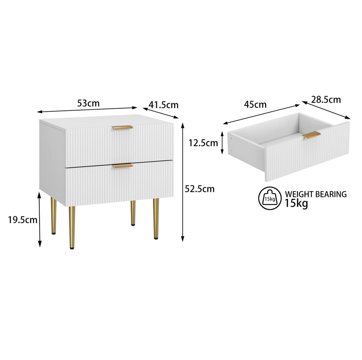 NACHTTISCH 53/41,5 cm in Weiß mit 2 Schubladen und Metallbeinen - Weiß, Holzwerkstoff (41.3/52.5/53cm) - Flora Grace