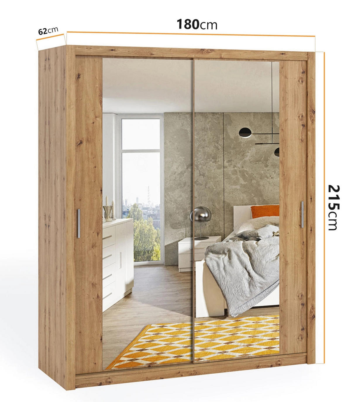SCHIEBETÜRENSCHRANK Tamiza 180/215/62 mit Spiegel - Silberfarben/Eiche Artisan, Holzwerkstoff/Kunststoff (180/215/62cm) - Ravio