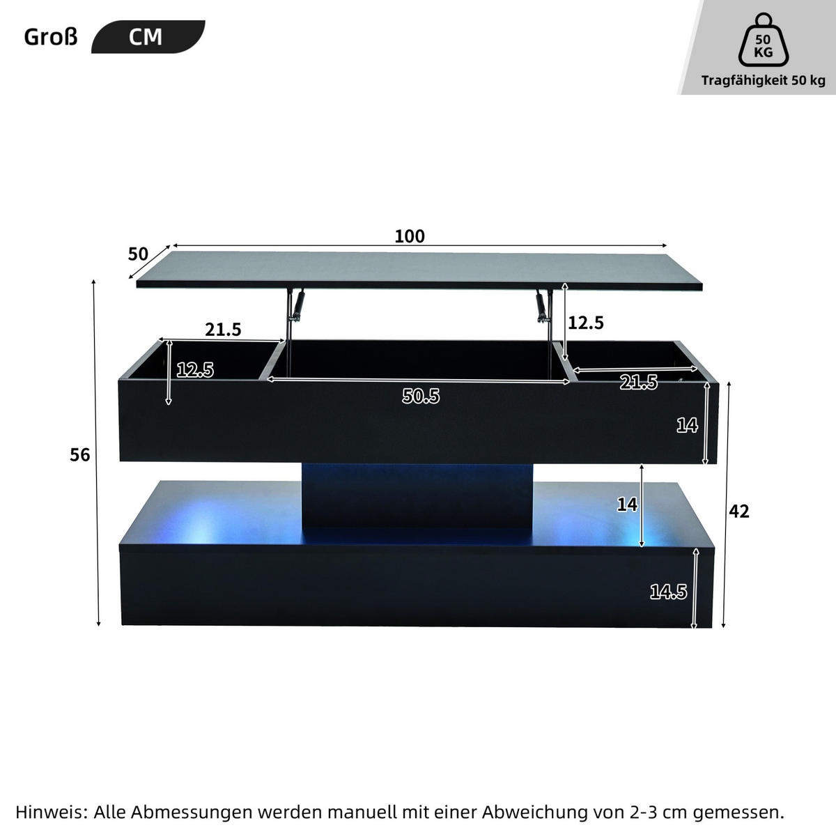 KLUB stolić, 100/50/42 cm, crni, podesive visine s LED rasvjetom i prostorom za pohranu - crna, drvni materijal (100/50/42cm) - BEAOK