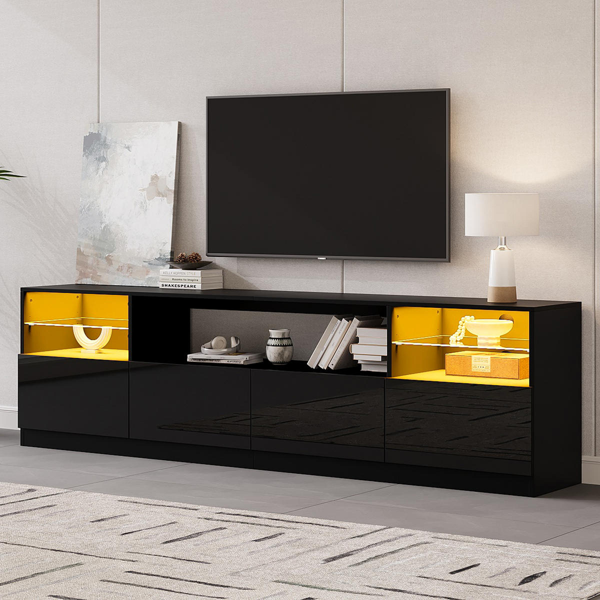 TV SKŘÍŇKA v černé barvě s LED osvětlením do obýváku, Š180/H35/V60 cm - černá, kompozitní dřevo/sklo (180/60/35cm) - STILVORA