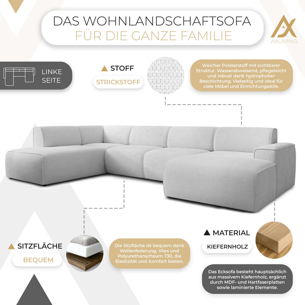 WOHNLANDSCHAFT Didim Ivory 378/220/78 cm – großes Sofa stilvoll & bequem L - Greige/Champagner, Kunststoff/Textil (220/78/378cm) - AX Living