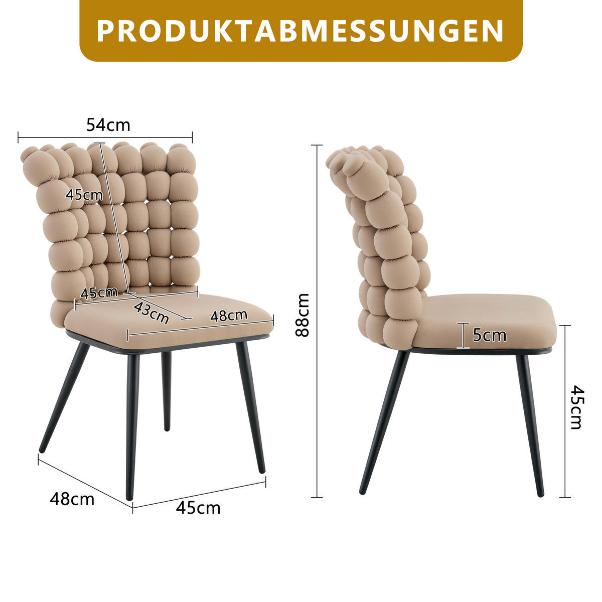 STUHL-SET DE-36754 2 Stück mit Kugelketten-Rückenlehne und Samtbezug Camelfarben - Sandfarben, Metall (48/88/54cm) - ComfortXL