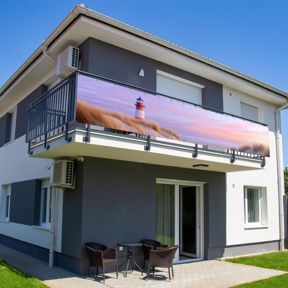 BALKON-SICHTSCHUTZ Leuchtturm - Dünen - Sonnenuntergang 500x100 cm - Hellrosa, Kunststoff (500/100cm) - MuchoWow