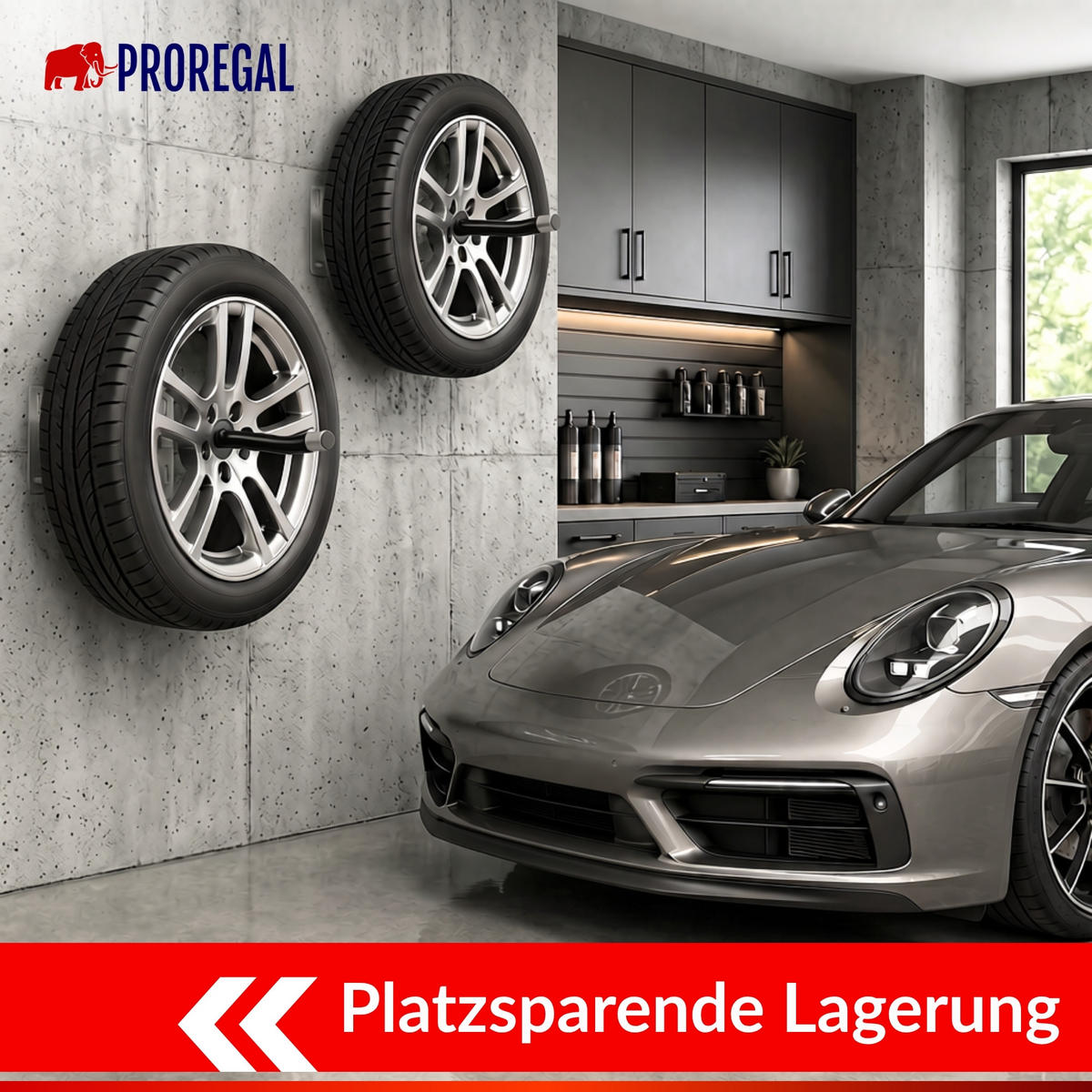 AUTOREIFEN-WANDHALTER PREX PRO 4er Reifen Set HxBxT 17x13x35 cm Traglast 35 kg Schwarz Set für Garage Zum Anschrauben mit hoher Qualität - Schwarz, Metall (35/13/9cm) - PROREGAL