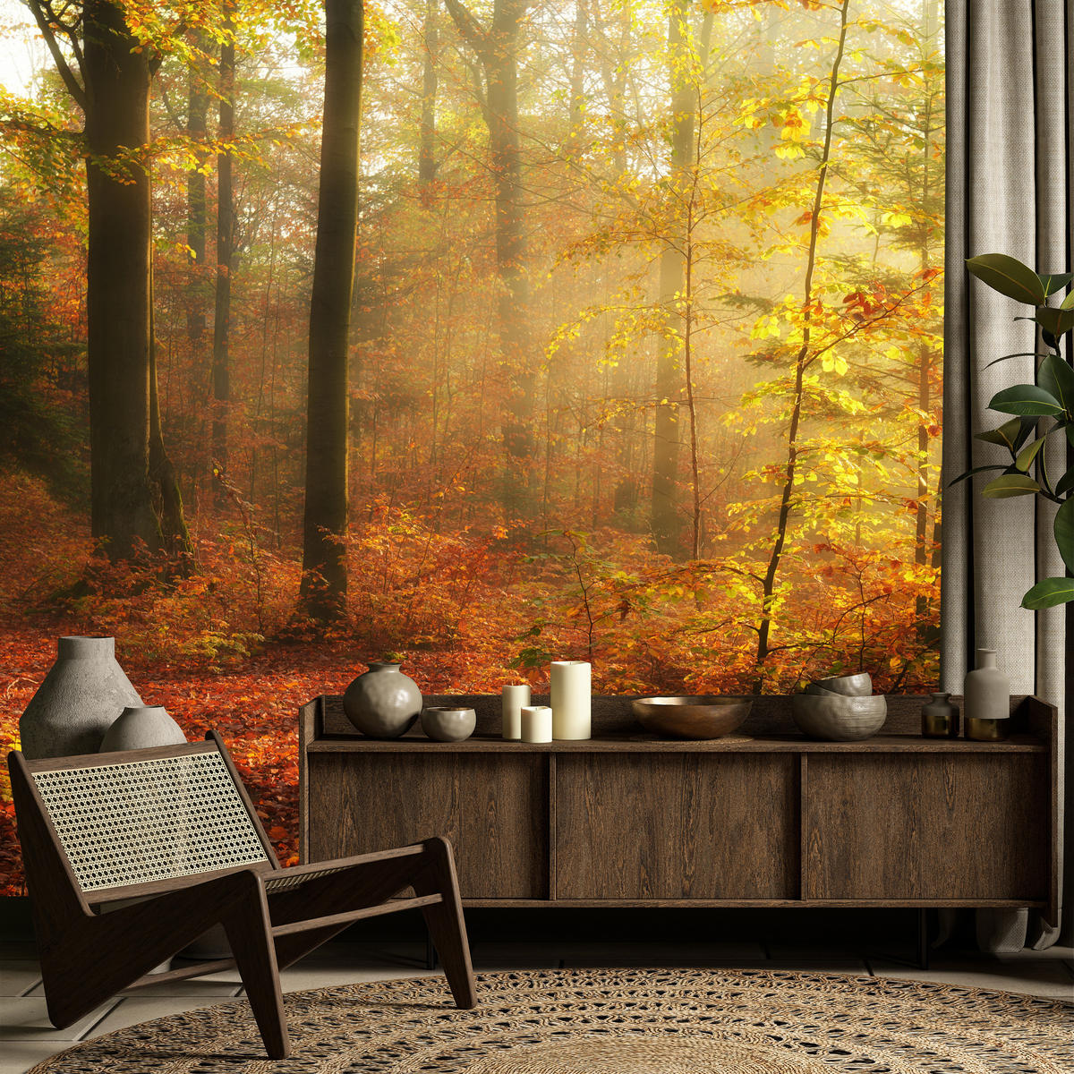 FOTOTAPETE für Wohnzimmer Herbstnebel Laubwald Bäume 350x256 - Gelb/Rot, Papier (350/256cm) - Muralo