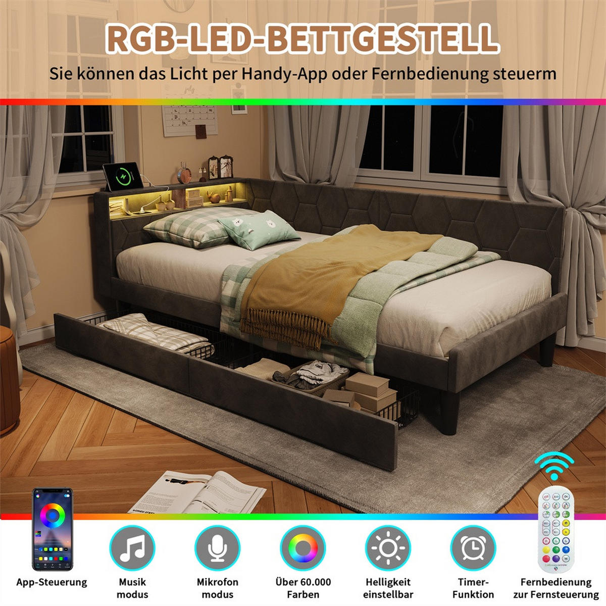 POLSTERBETT 90x200 cm mit Kopfteil-Stauraum - 2 Schubladen - USB Type-C & LED - ohne Matratze - Grau - Grau, Textil (90/200cm) - DELFA