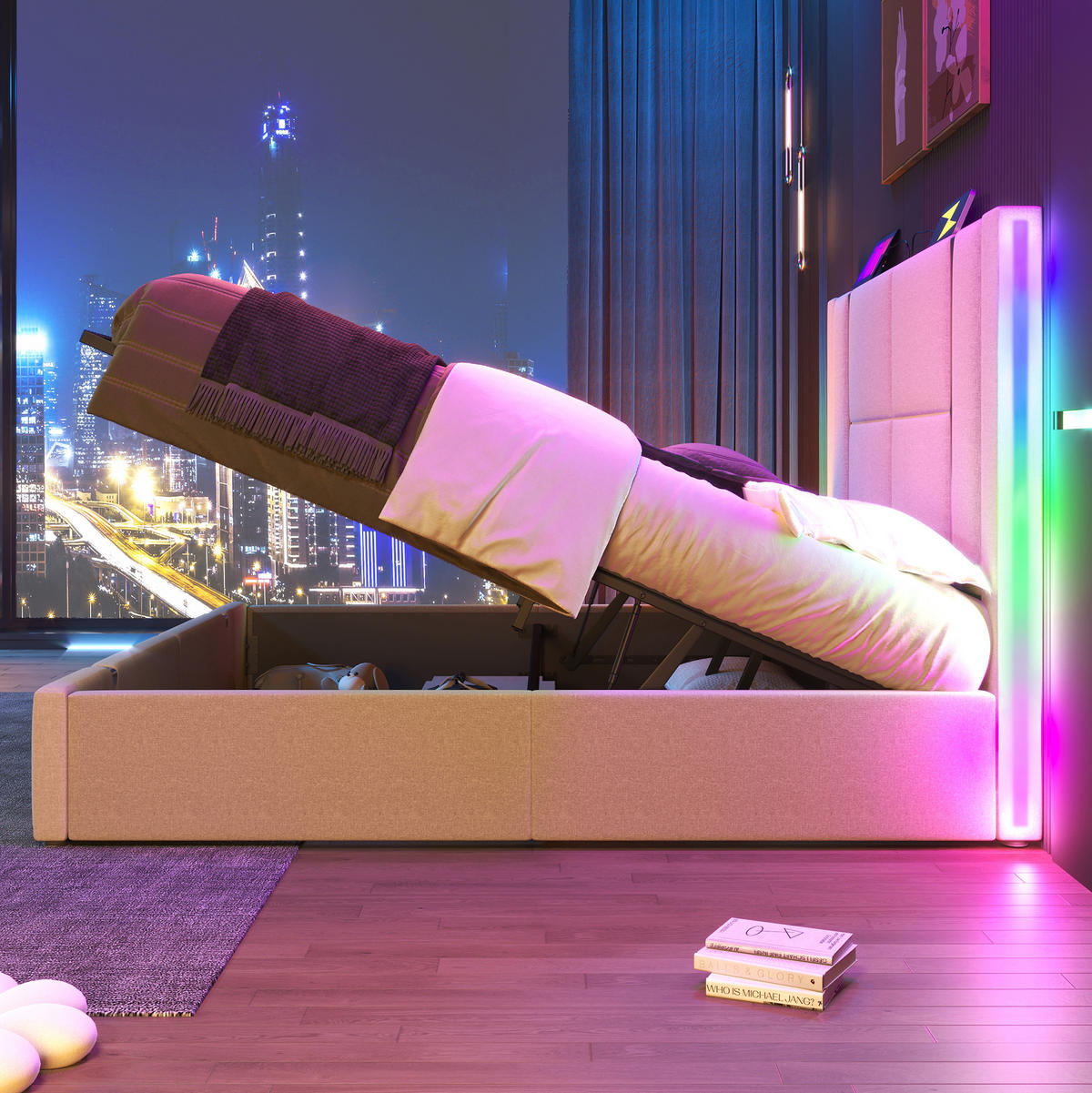 POLSTERBETT 160/200 cm mit Bettkasten, RGB-LED & USB/Typ-C am Kopfteil, Beige Leinen - Beige, Textil (160/200cm) - Redom