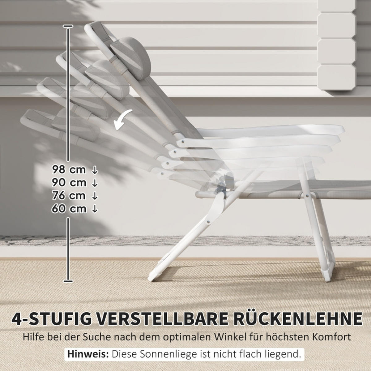 SONNENLIEGE klappbar verstellbar Kopfkissen hellgrau - Hellgrau, Metall (66/98/160cm) - LEBENLANG
