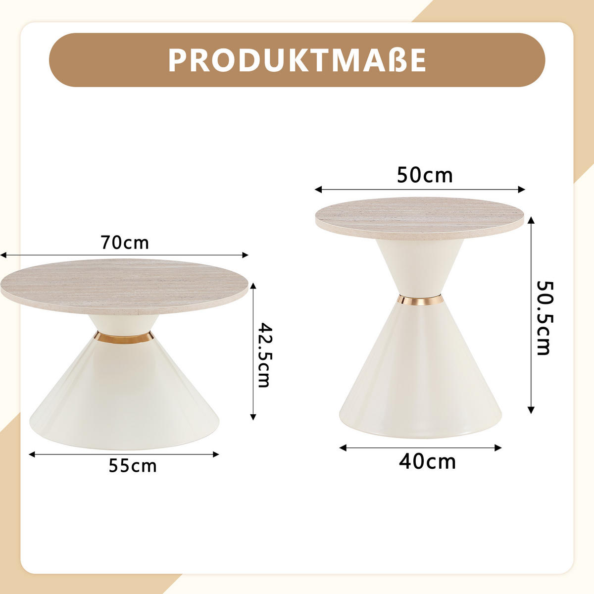 COUCHTISCH-SET DE-37439 2er-Set konusförmig mit Travertin-Optik Cremeweiß - Naturfarben, Metall (50/50/50.5cm) - ComfortXL