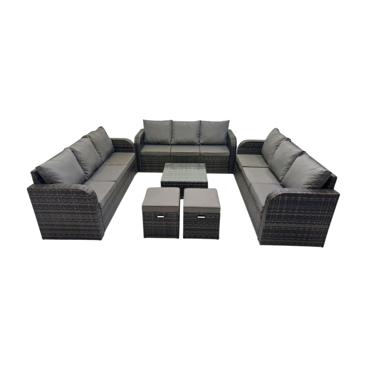 GARTENMÖBELGARNITUR mit KISSEN Polyrattan Dunkelgrau 11-Sitzer - Dunkelgrau/Grau, Glas/Kunststoff - Fimous