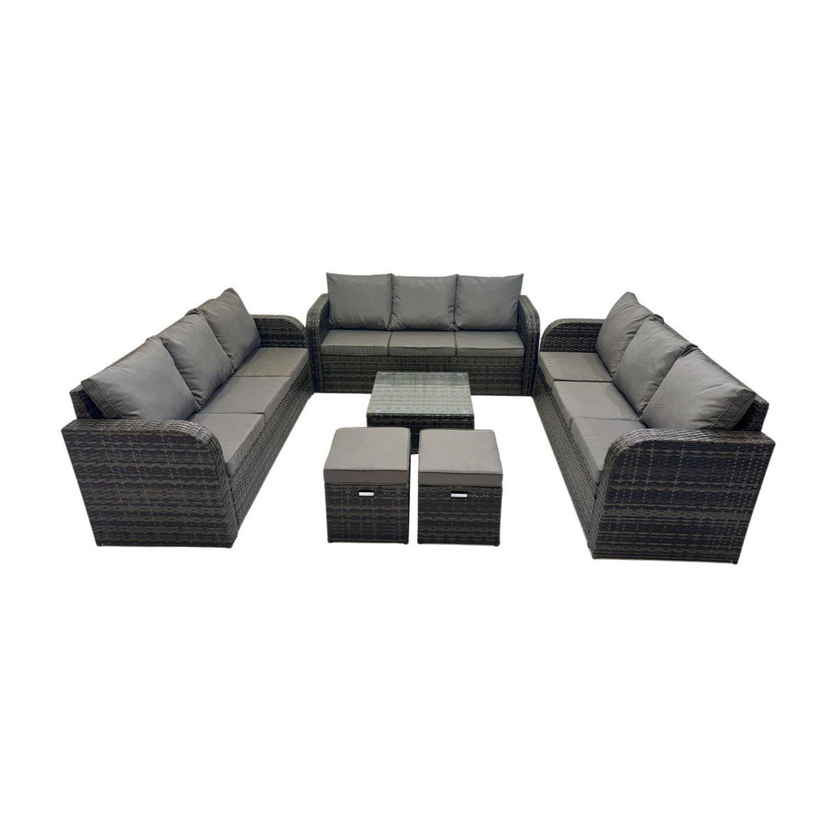 GARTENMÖBELGARNITUR mit KISSEN Polyrattan Dunkelgrau 11-Sitzer - Dunkelgrau/Grau, Glas/Kunststoff - Fimous