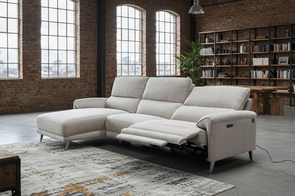 ECKSOFA ADRIANA Hellgrau Flachgewebe Relaxfunktion - Hellgrau/Schwarz, Textil/Metall (280/163cm) - KAWOLA