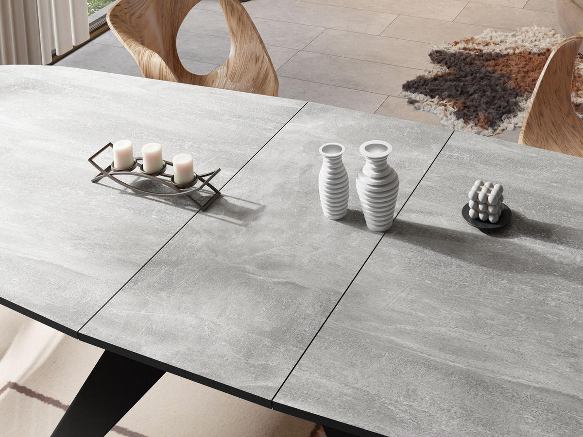 ESSTISCH Foster rechteckig ausziehbar, Grauer Beton 160-198/80/76 cm - Hellgrau/Schwarz, Holzwerkstoff/Metall (160/80/76cm) - WFL GROUP