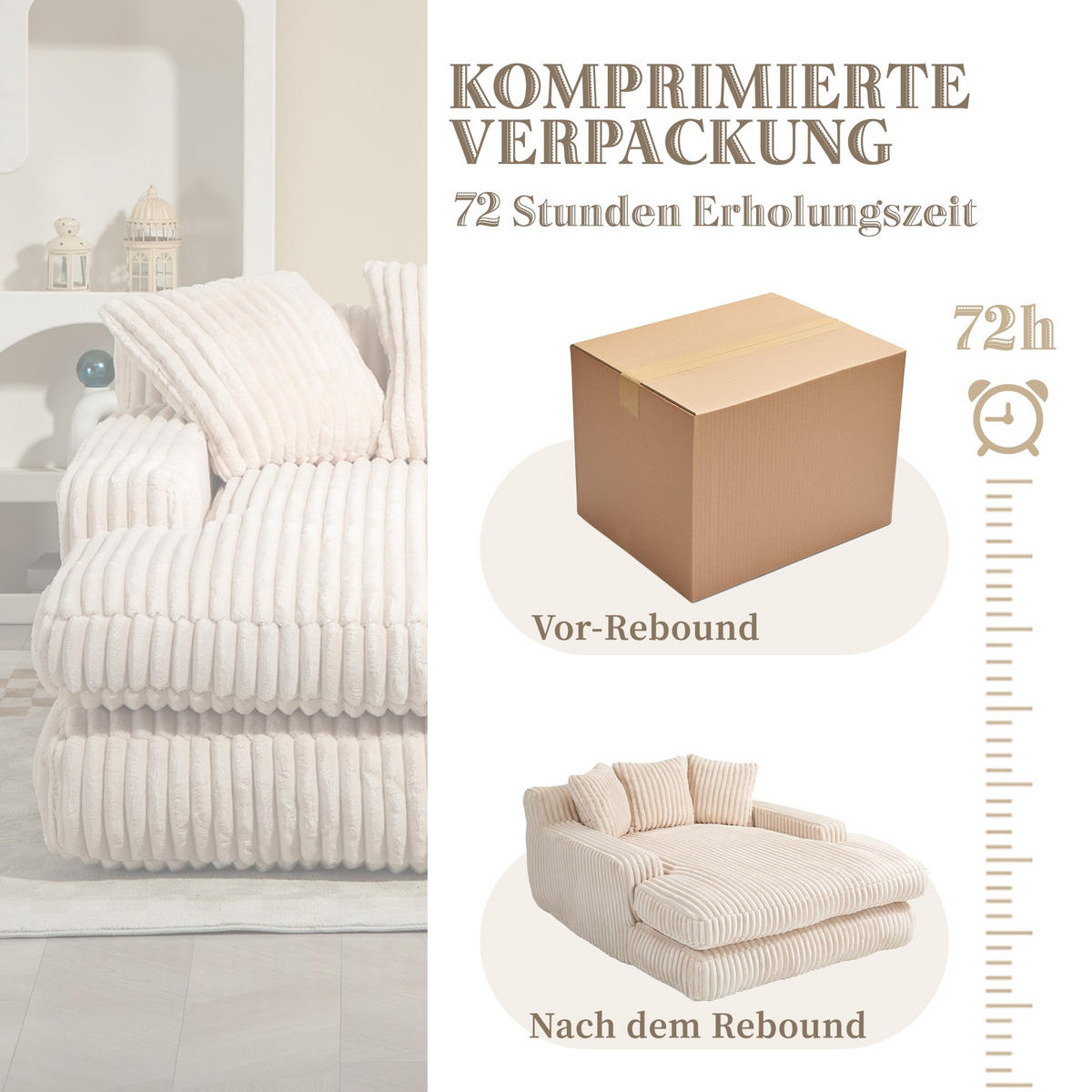 SCHLAFSOFA Relaxliege mit 3 Zierkissen,Lounge Sofa,Polstersofa,Cord,Beige - Beige, Textil (125/63/155cm) - LVHOM