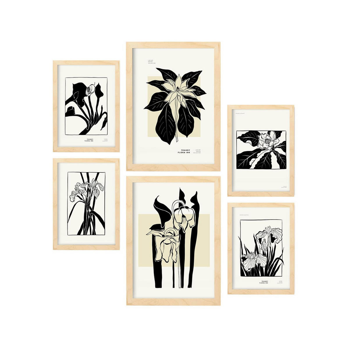 POSTER Set Mit 6 In Schwarzer Tinte Exotisch A3 & A4 Rahmen Aus Hellem Holz - Beige, Papier (29/3cm) - Nacnic