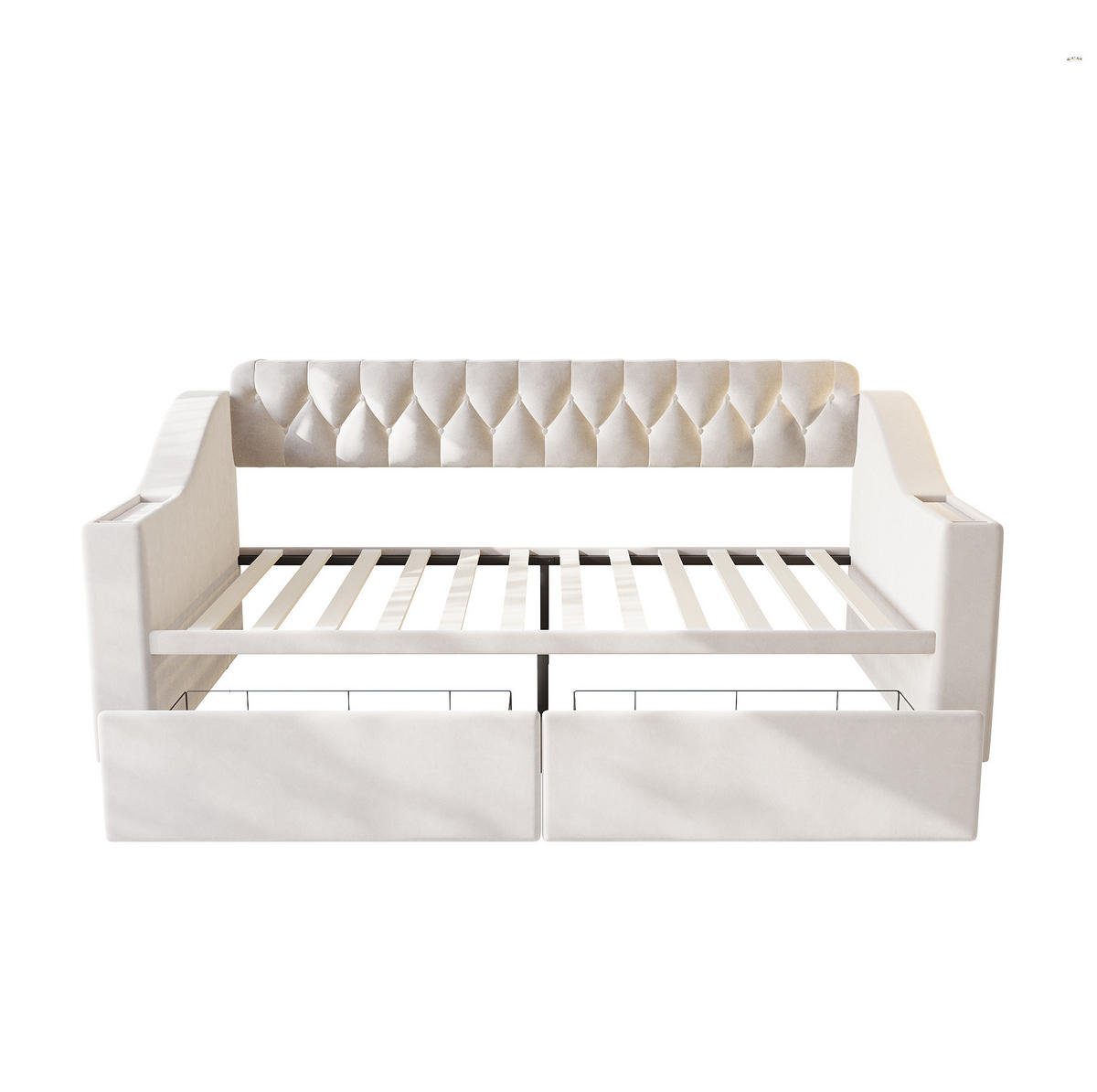 POLSTERBETT aus Samtstoff 90x190 cm Beige mit USB- und Type-C-Anschluss, 2 Schubladen - Beige, Textil (90/190cm) - IVMEU
