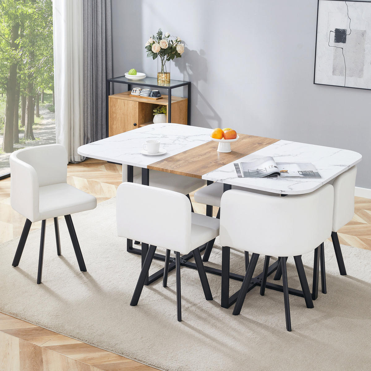 ESSGRUPPE DE-39498 ausziehbar, mit 4 Stühlen und Metallrahmen Weiß/Schwarz - Weiß, Holzwerkstoff (150/79/100cm) - ComfortXL