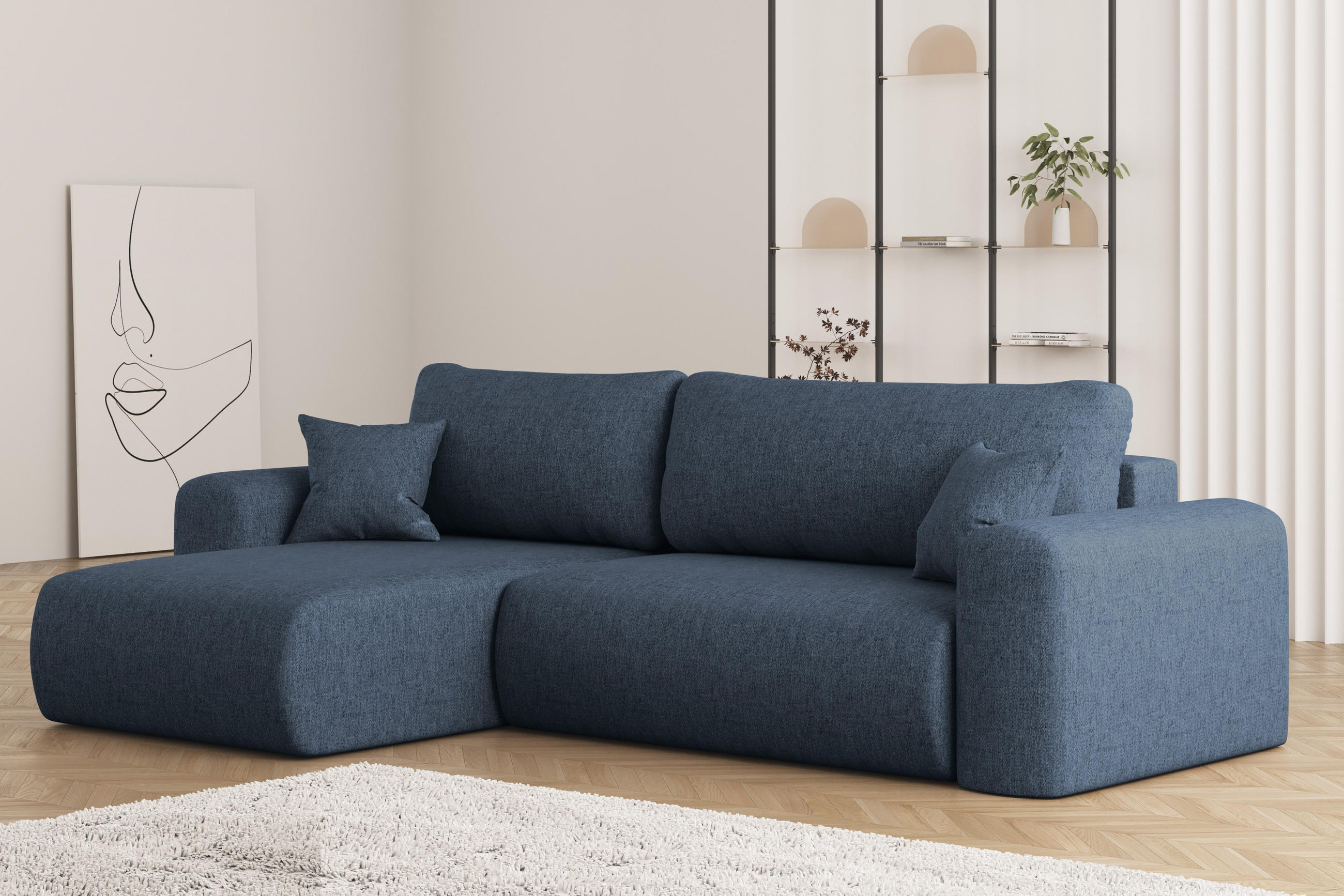 ECKSOFA Mit Schlaffunktion Und Bettkasten L-förmiges Sofa Capri Stoff Verita Links Marineblau - Blau, Holz (145/272cm) - Kaiser Möbel