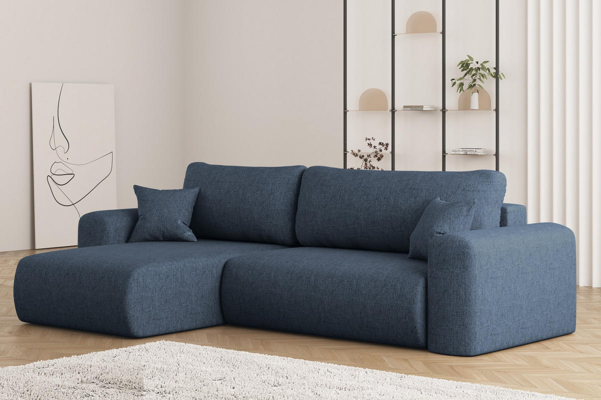 ECKSOFA Mit Schlaffunktion Und Bettkasten L-förmiges Sofa Capri Stoff Verita Links Marineblau - Blau, Holz (145/272cm) - Kaiser Möbel