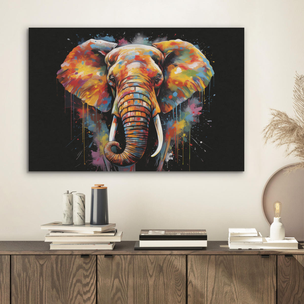 AKUSTIKBILD Elefant - Graffiti - Schwarz - Tiere - Farben Wanddeko 70x50 cm - Schwarz, Kunststoff (70/50/0.9cm) - MuchoWow