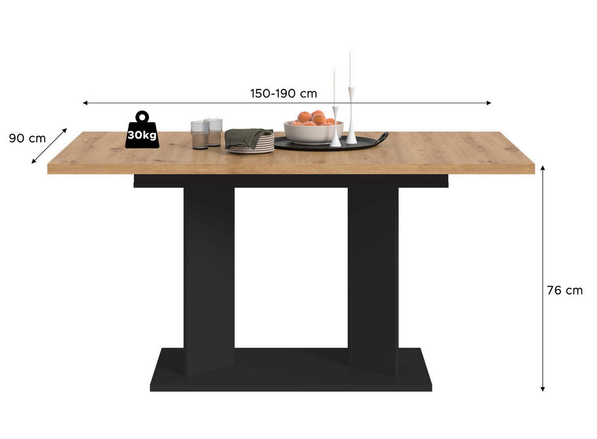 ESSTISCH Eiche Artisan, schwarz 150 - 190 x 90 cm, Küchentisch ausziehbar - Schwarz/Eiche Artisan, Holzwerkstoff (90/150/76cm) - Inn.Furn