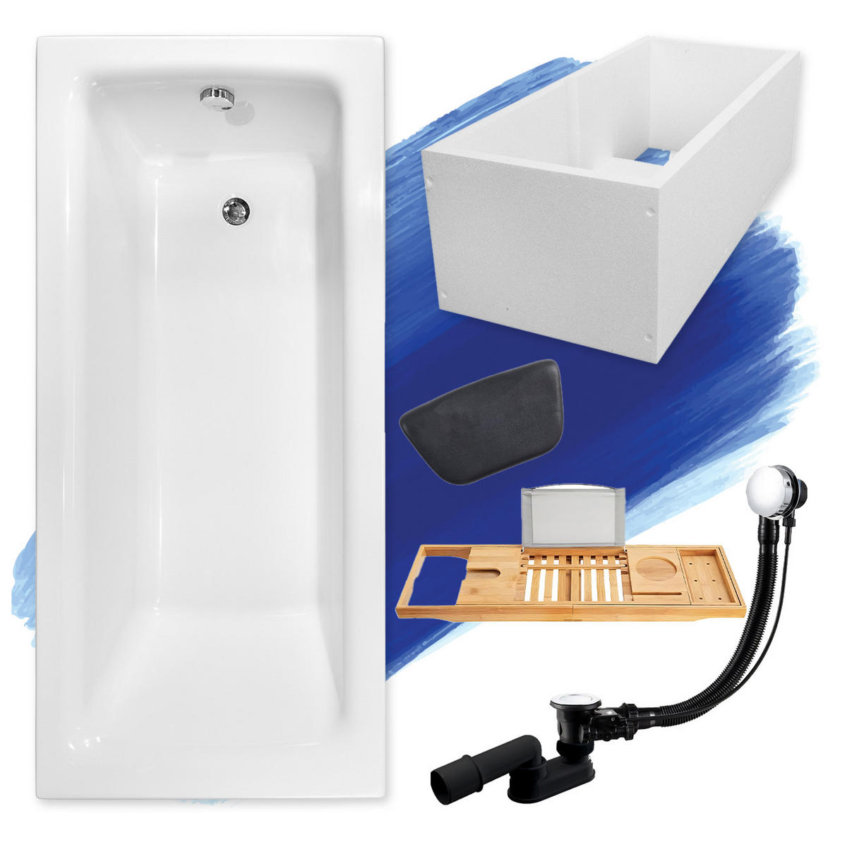BADEWANNE Rechteck TALIA 170/75 + Träger + Ablage + Kopfstütze Ablauf Füße - Weiß, Kunststoff (75/55.5/170cm) - bad land