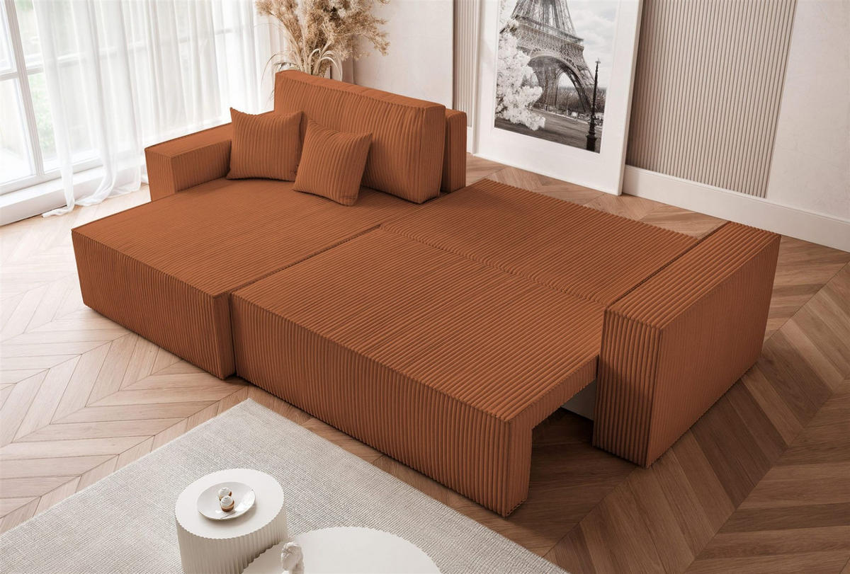 ECKSOFA Adara Max Mit Schlaffunktion - Hellbraun, Holzwerkstoff/Textil (276/145cm) - Fun Möbel