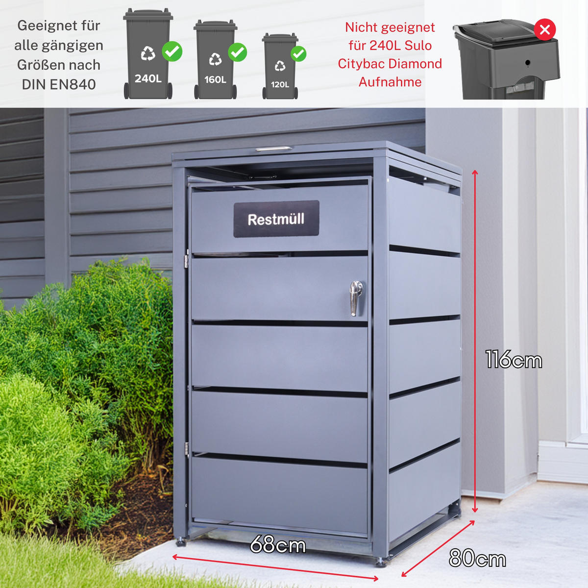 MÜLLTONNENBOX 1er - Anthrazit, Metall (68/116/80cm)