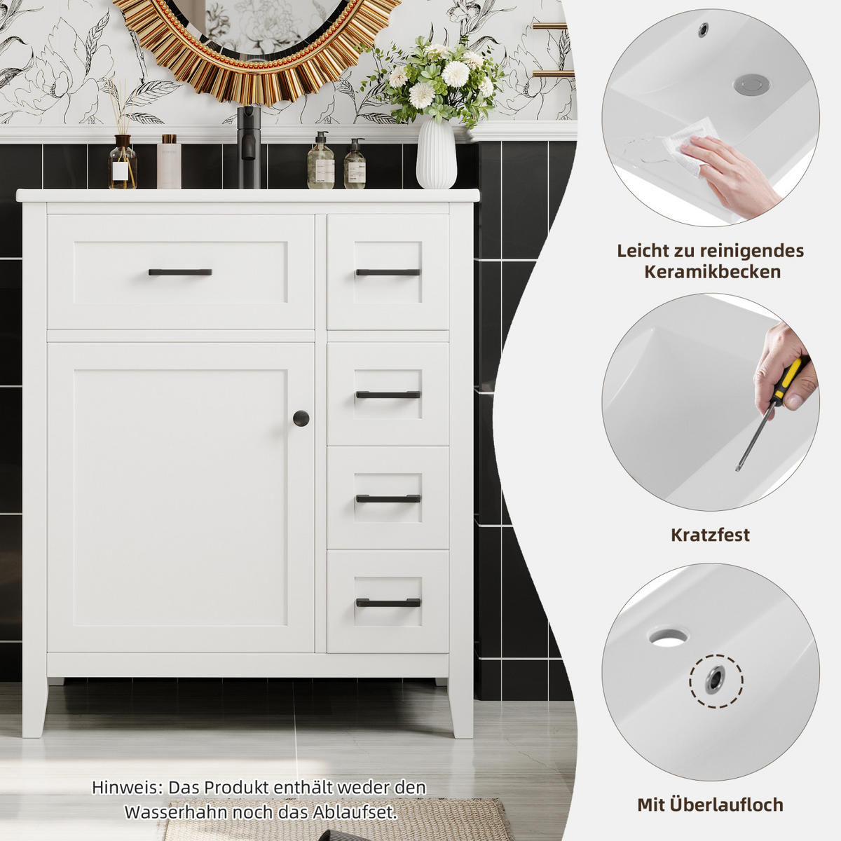 BADEZIMMERWASCHTISCH mit Keramikbecken und 4 Schubladen - Weiß, Holz/Metall (76/90/46cm) - PARAFTA HOME