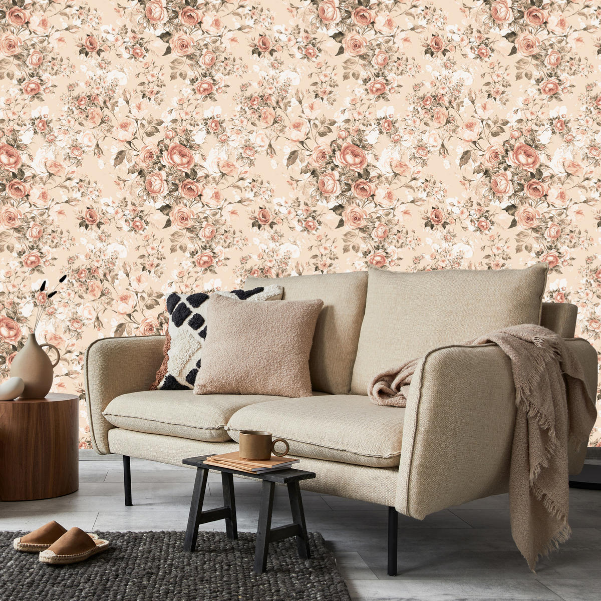 VLIESTAPETE Rosen im Retro-Stil – Rosa, Beige – 50x1000 cm - Beige/Rosa, Papier (50/1000cm) - Muralo