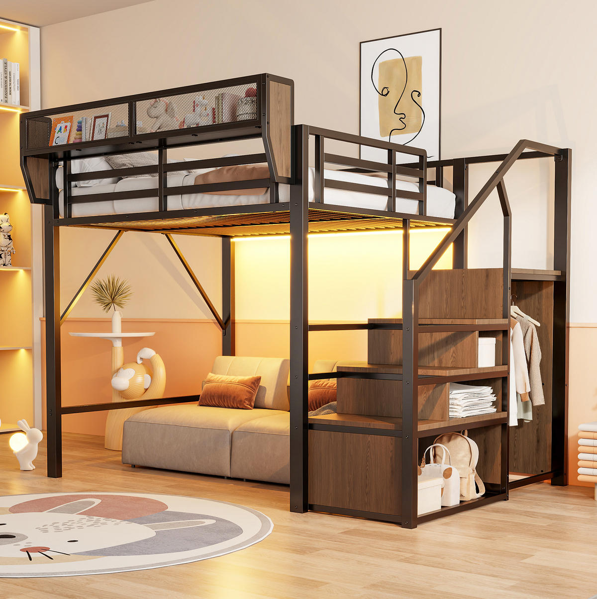 HOCHBETT 140/200 cm aus Metall mit LED-Lichtstreifen, Schwarz - Schwarz, Metall (140/200cm) - OKMYHOME