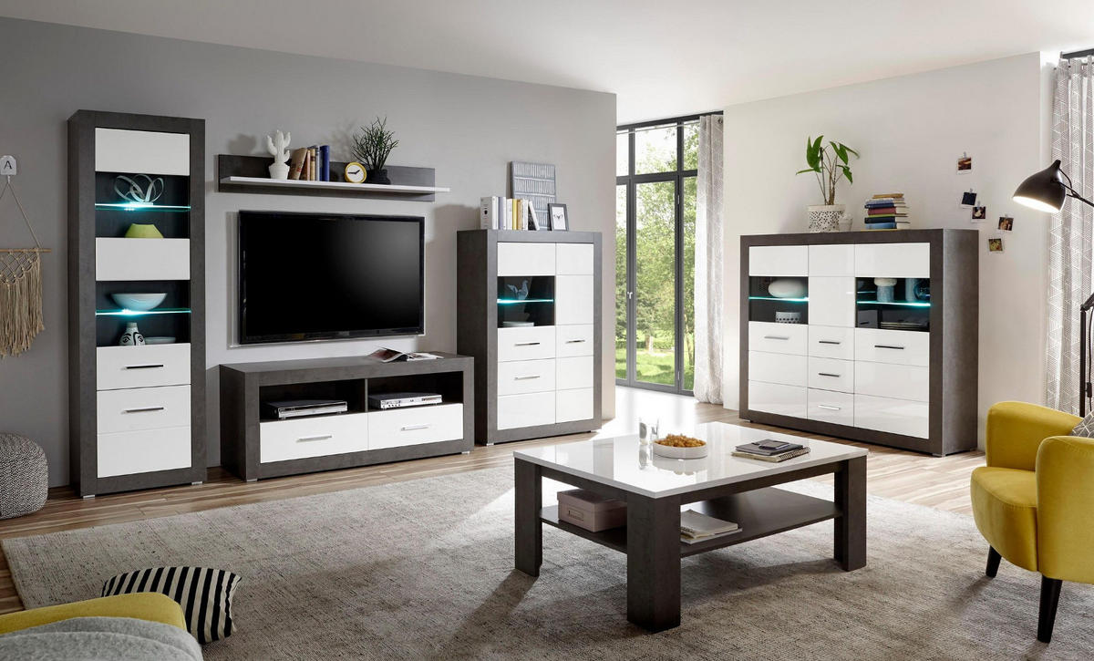 WOHNWAND weiß Hochglanz, grau Stone 4-teilig 335 x 198 cm, Wohnkombination modernes Design - Weiß Hochglanz/Silberfarben, Glas/Holzwerkstoff (335/198/45cm) - Furn.Design