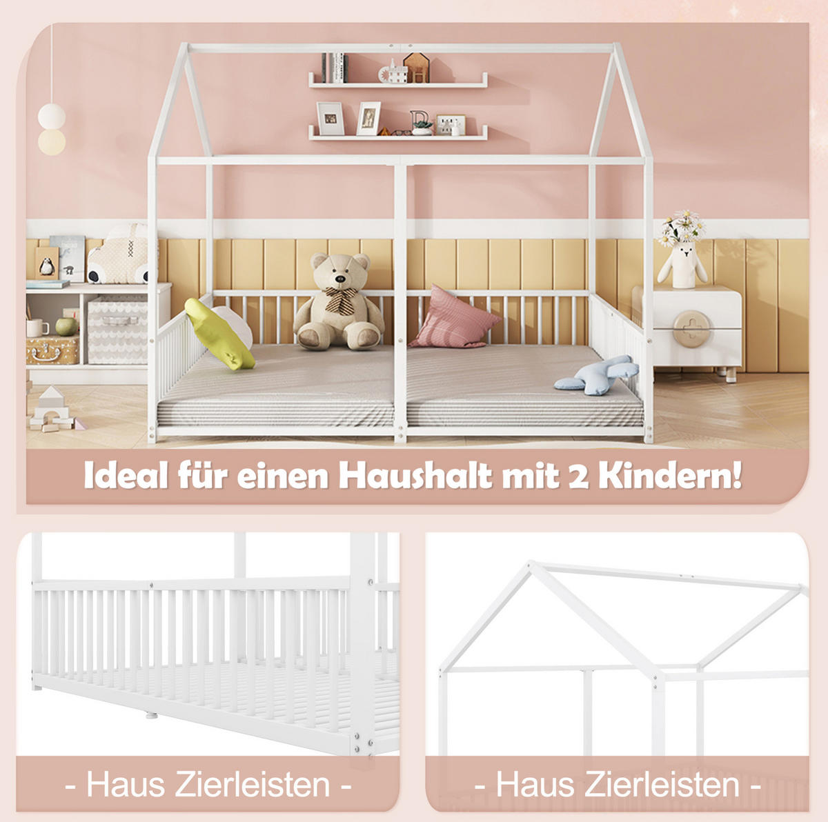 ETAGENBETT 90/200 cm mit Geländer, Leiter und Hausform, Metall, Weiß - Weiß, Metall (90/200cm) - Redom