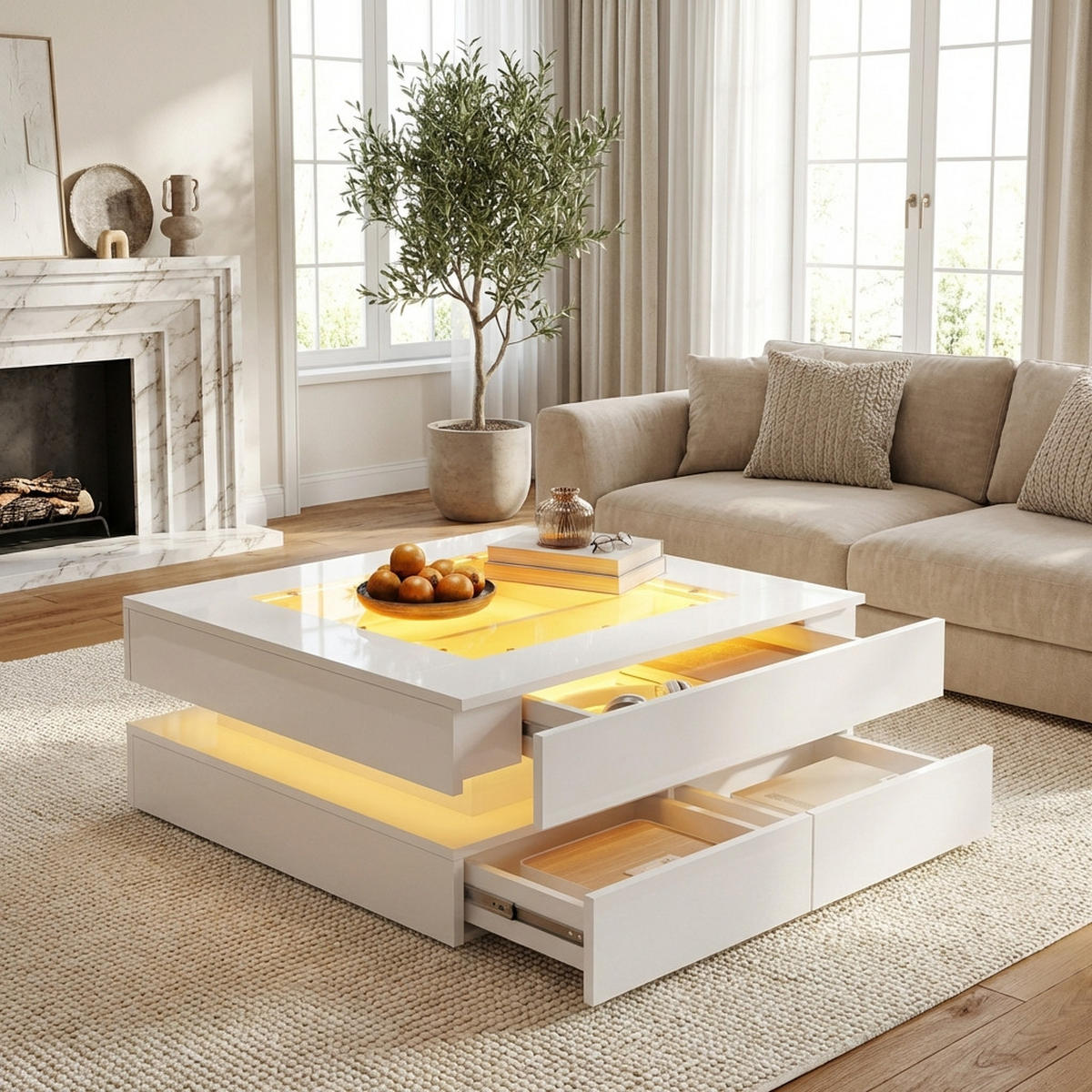 COUCHTISCH 70x70 cm Weiß Hochglanz mit Glasplatte & LED - Weiß, Holzwerkstoff (70/70/35cm) - Urban Meuble