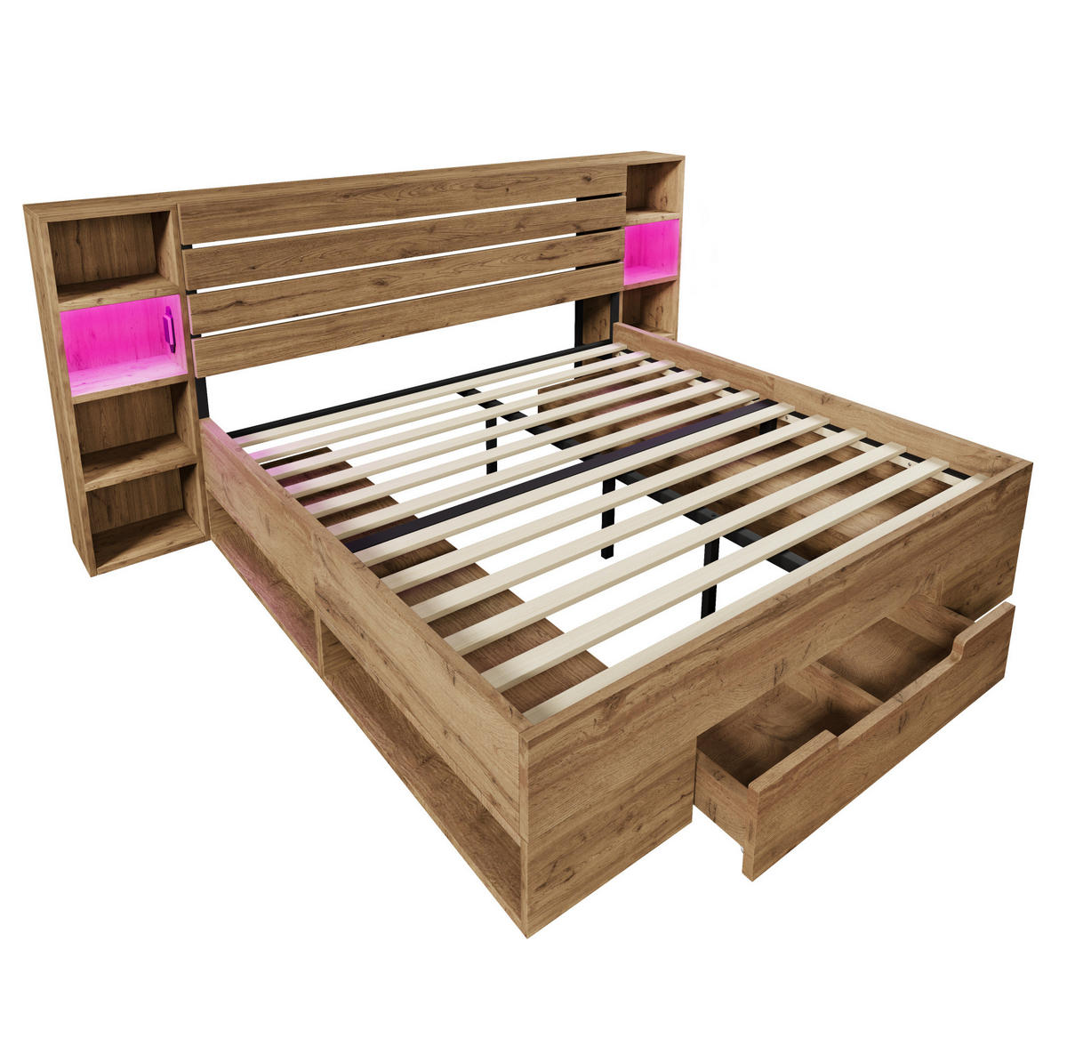 POLSTERBETT 160/200 cm in Eiche mit LED-Beleuchtung, Stauraum und USB- und Type-C-Anschlüssen - Eichefarben, Metall (160/200cm) - Flora Grace