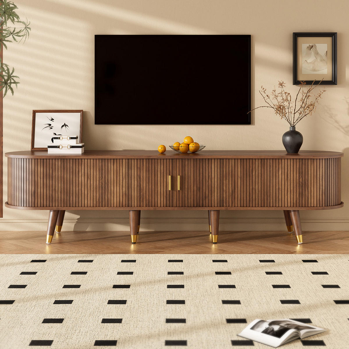 TV-SCHRANK 175cm Landhausstil Rattantür Nussbaumoptik Stauraum Schubladen - Braun, Holz (45.72/17.15/118cm) - FLIEKS