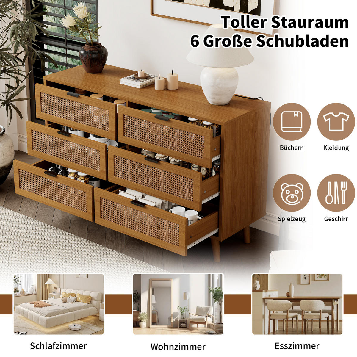 SIDEBOARD 120/40/76,5 cm in Walnuss mit 6 Schubladen und Rattan-Optik - Naturfarben, Holzwerkstoff (120/76.5/40cm) - Flora Grace