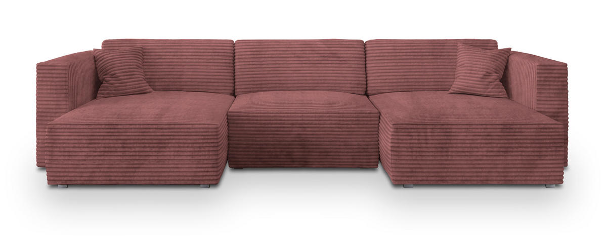 WOHNLANDSCHAFT SARMO Rosa Kordstoff mit Schlaffunktion - Rosa, Holz (347/90/148cm) - MASSENO