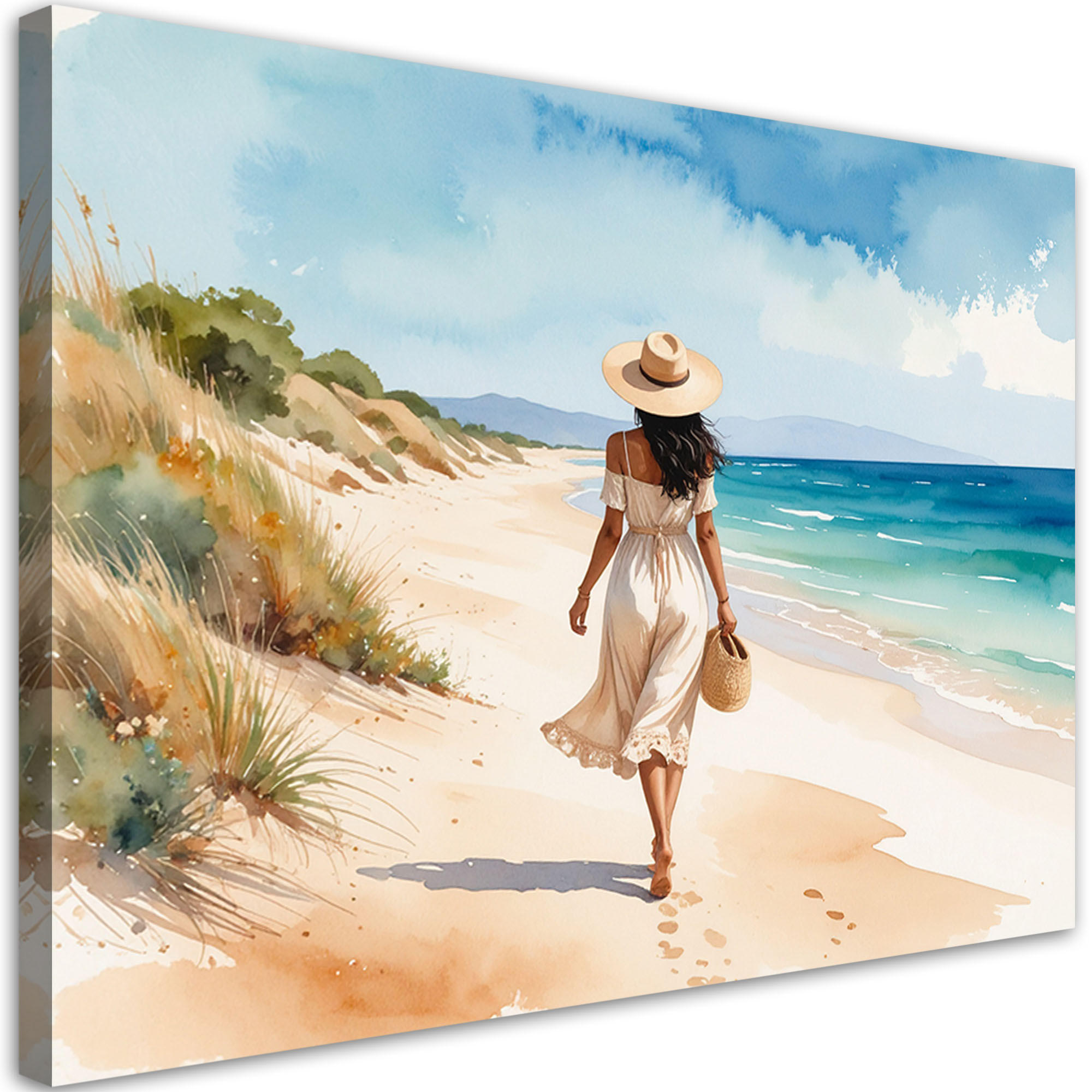 LEINWANDBILD Frau spaziert am Strand 100x70cm - Beige, Textil (100/70cm) - Feeby