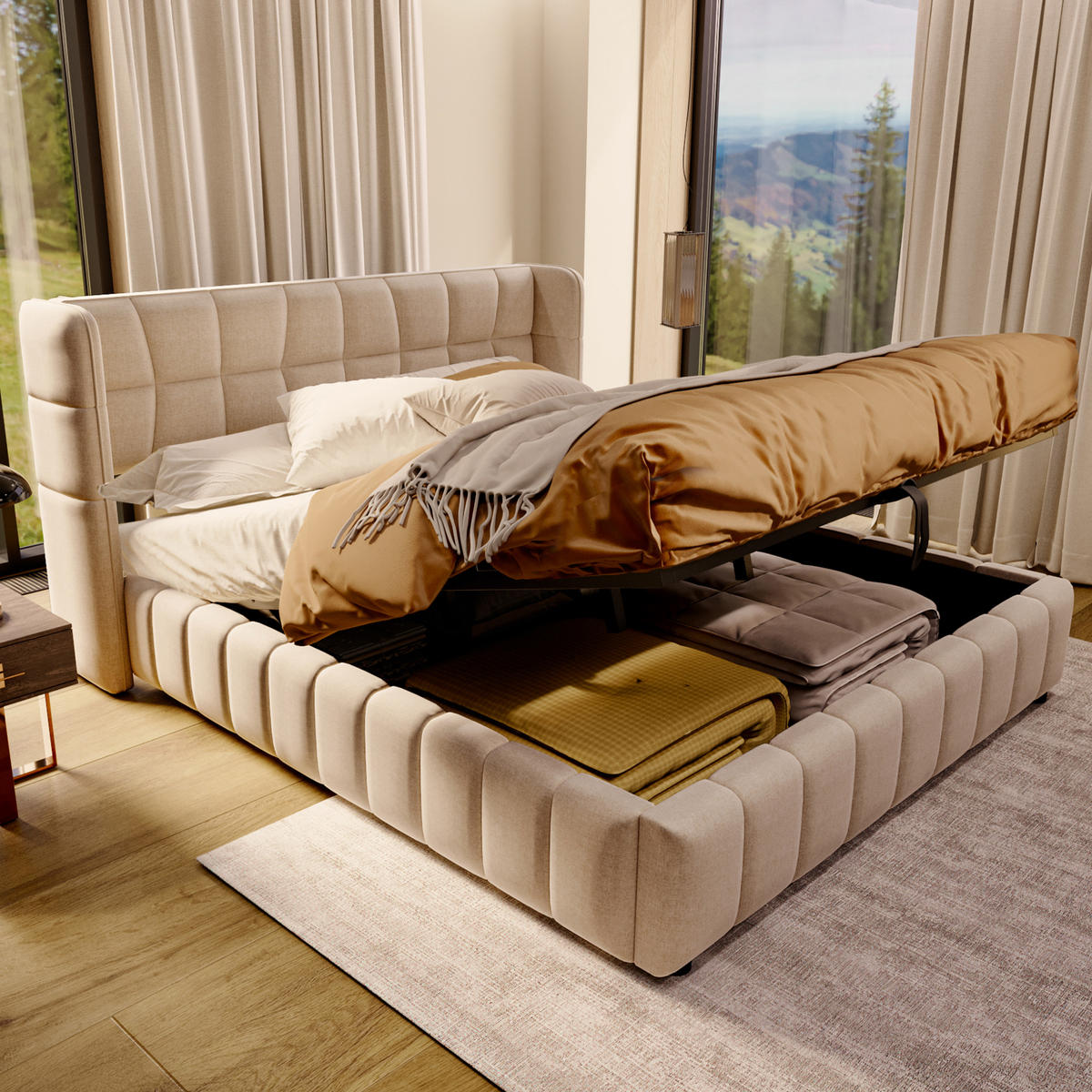 POLSTERBETT 180/200 cm beige aus Stoff mit Stauraum und Hebemechanismus - Beige, Textil (180/200cm) - OKWISH