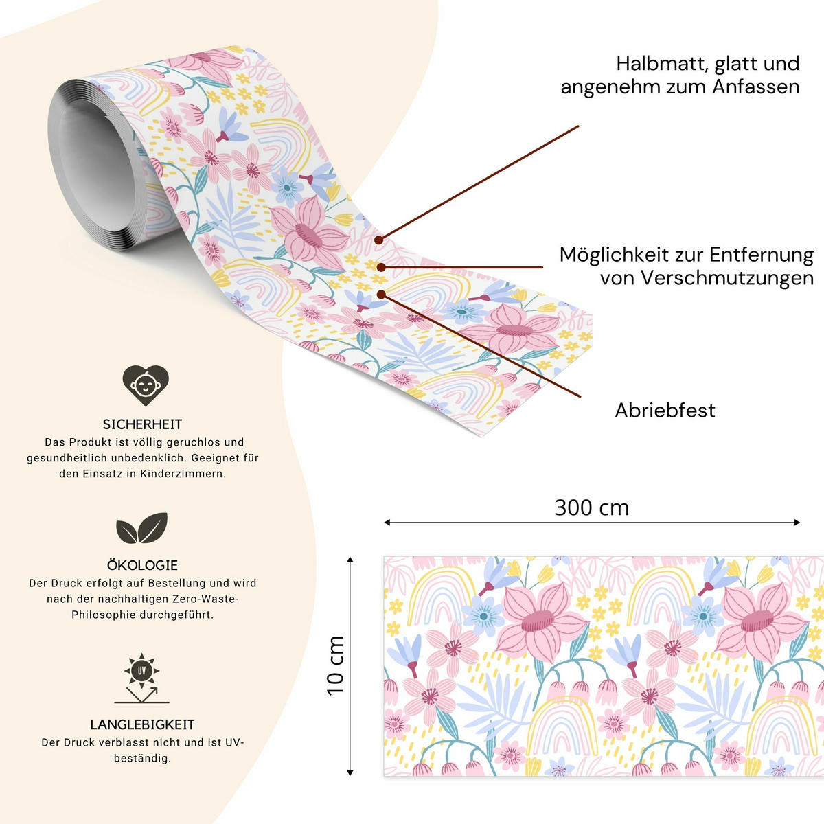 TAPETENBORDÜRE selbstklebend für Kinderzimmer bunte BLUMEN Regenbogen - Blau/Violett, Papier (10/300/300cm) - Muralo