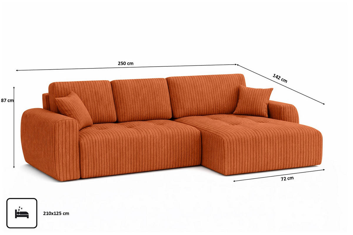 ECKSOFA Mit Schlaffunktion Und Bettkasten L-Form Ivo L, Cordstoff Poso, Kupfer, Rechts - Orange, Holz (250/142cm) - Kaiser Möbel