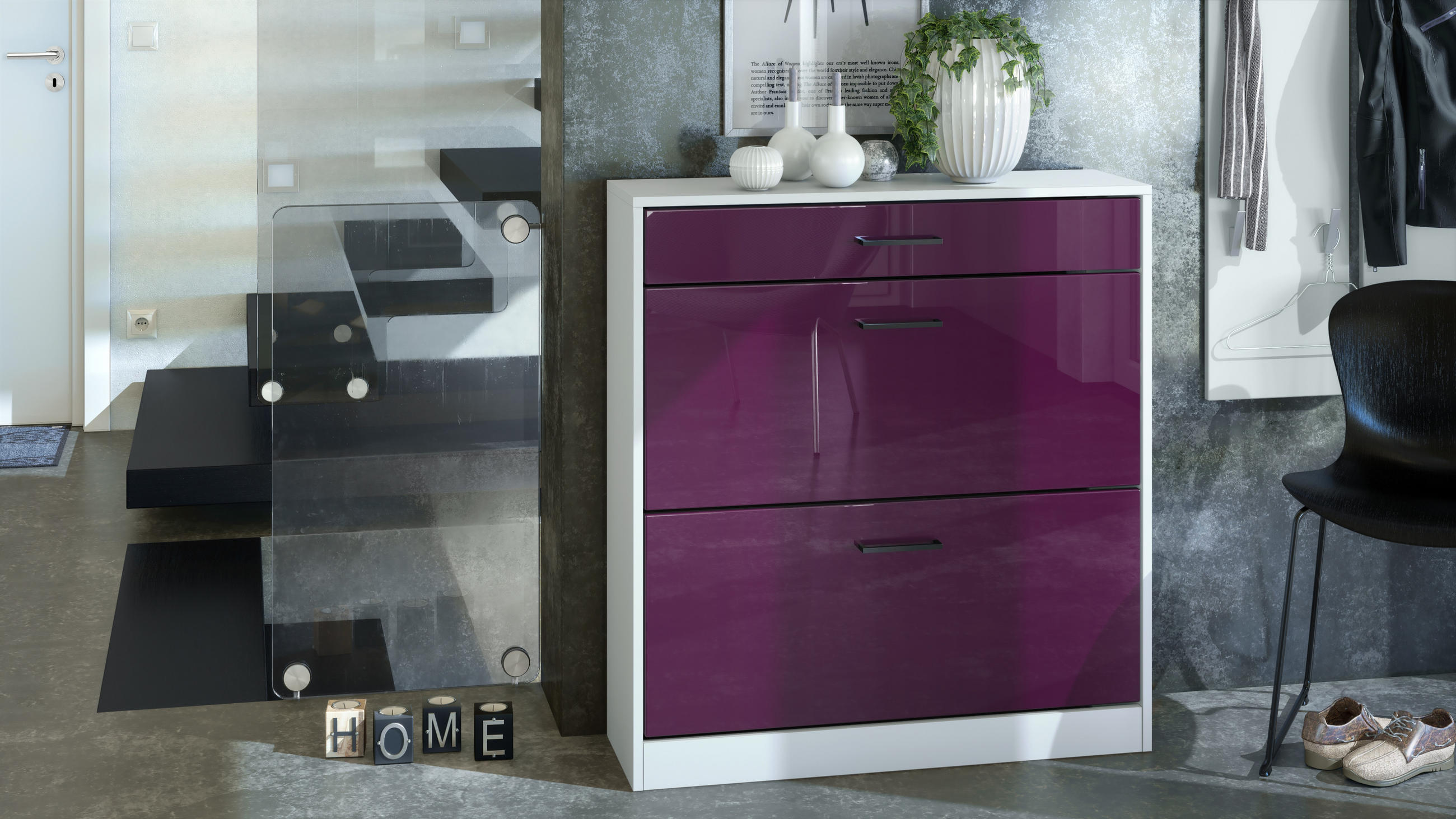 SCHUHSCHRANK Elvas Front in Brombeer Hochglanz - Brombeere, Holzwerkstoff (89/95.5/27cm) - Vladon