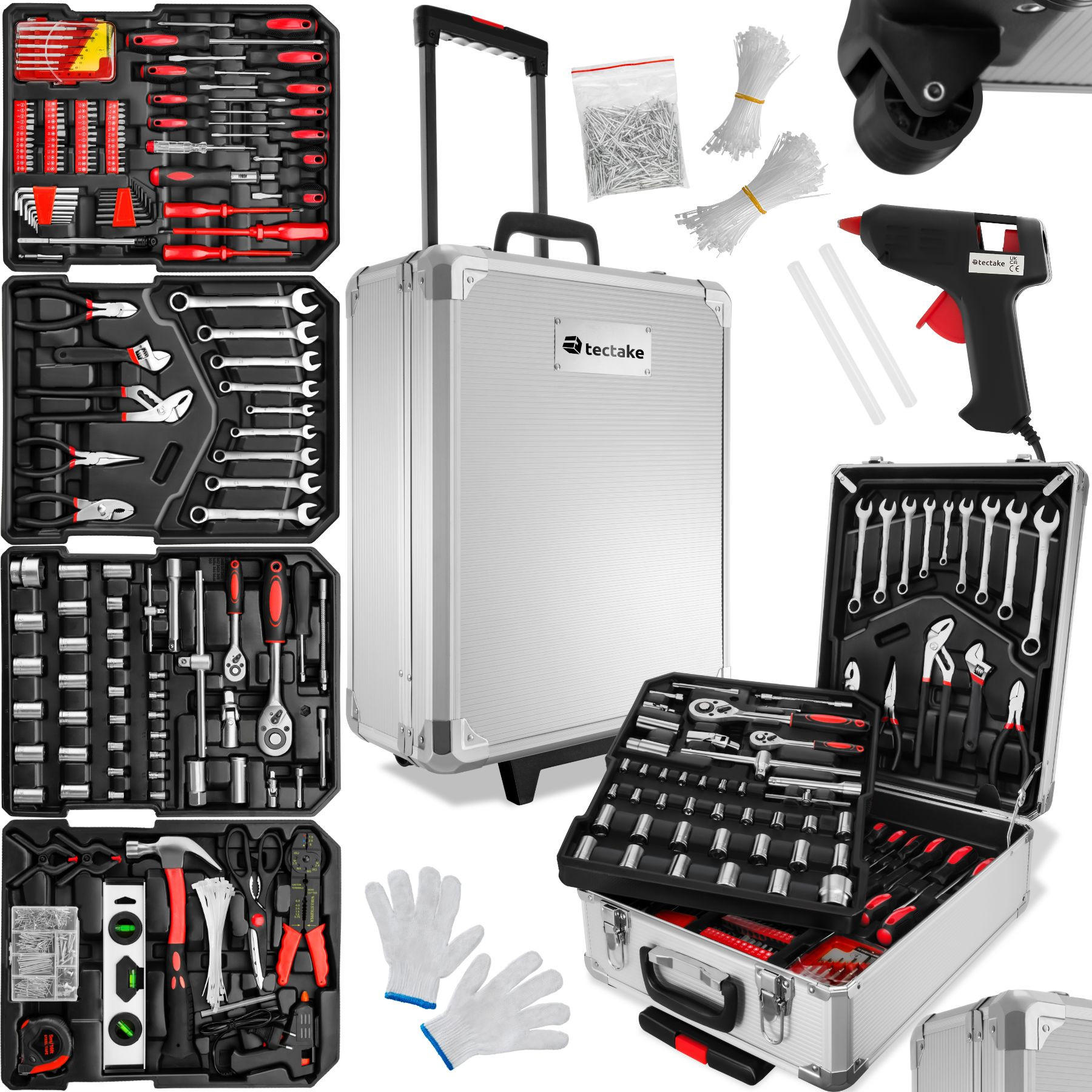 WERKZEUGKOFFER ,mit Klappgriff und Teleskopgriff, inklusive Handschuhe,silber - Silberfarben, Metall (20/51/37cm) - tectake