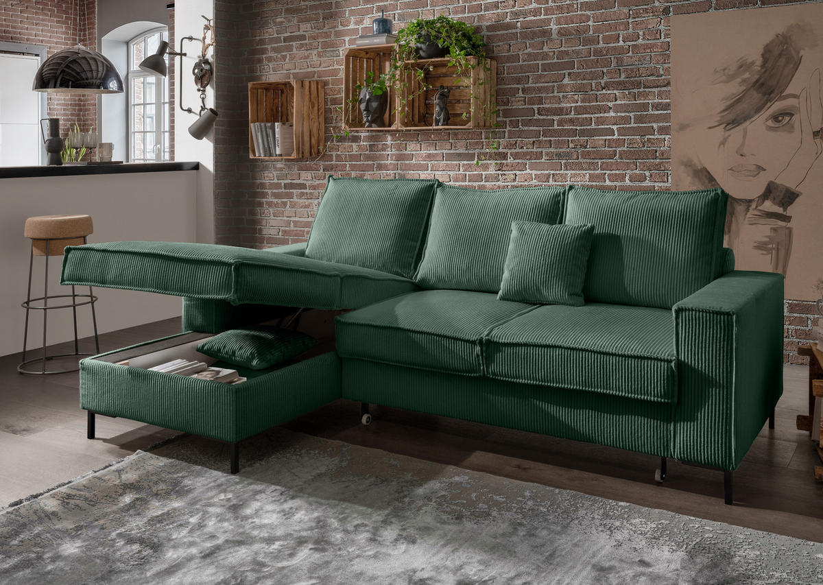 ECKSOFA mit Schlaffunktion, Bettkasten, Wellenunterfederung, Récamiere links B240/T150/H92 cm, Liegefl. 125x198 cm, Cord Grün / 17224 - Schwarz/Grün, Textil/Metall (240/150cm) - luma-home