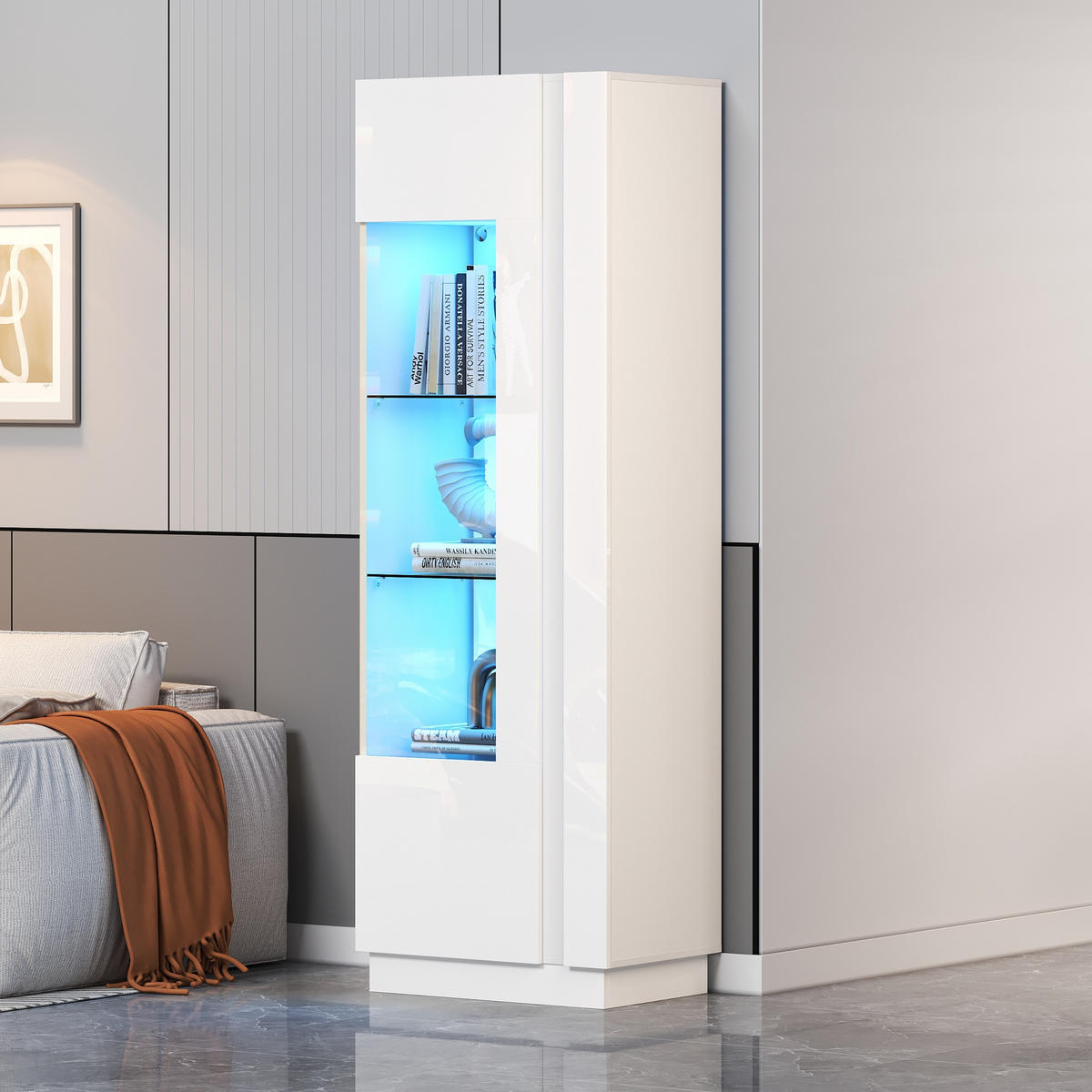 VITRINE 60/40/180 cm weiß aus Holzwerkstoff mit LED und Acrylfront - Weiß, Holzwerkstoff (60/180/40cm) - OKWISH