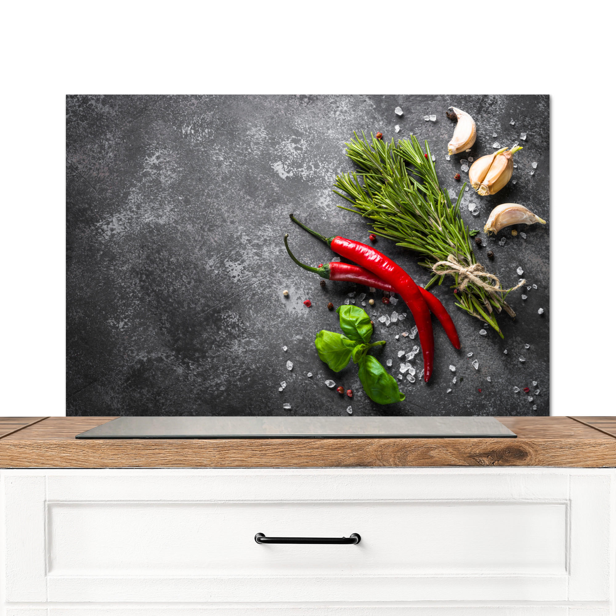 MuchoWow KUCHYŇSKÁ ZÁSTĚNA Pepř - Bylinky - Koření - Beton 90x60 cm
