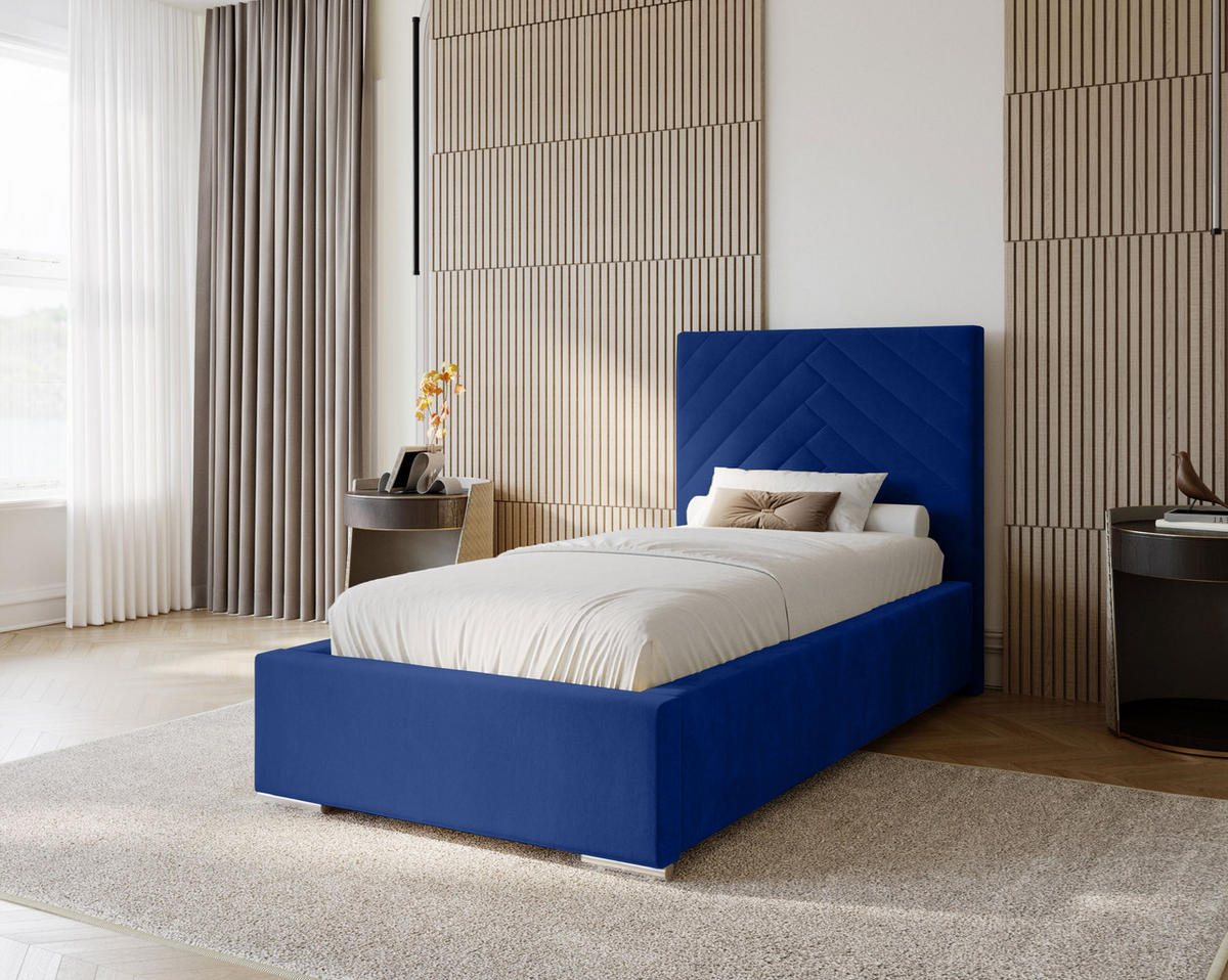 POLSTERBETT Aura 90x200 cm, Einzelbett mit Bettkasten, Lattenrost und Matratze aus Holz, Velourstoff: Dunkelblau - Dunkelblau, Holz/Kunststoff (90/200cm) - Marpur