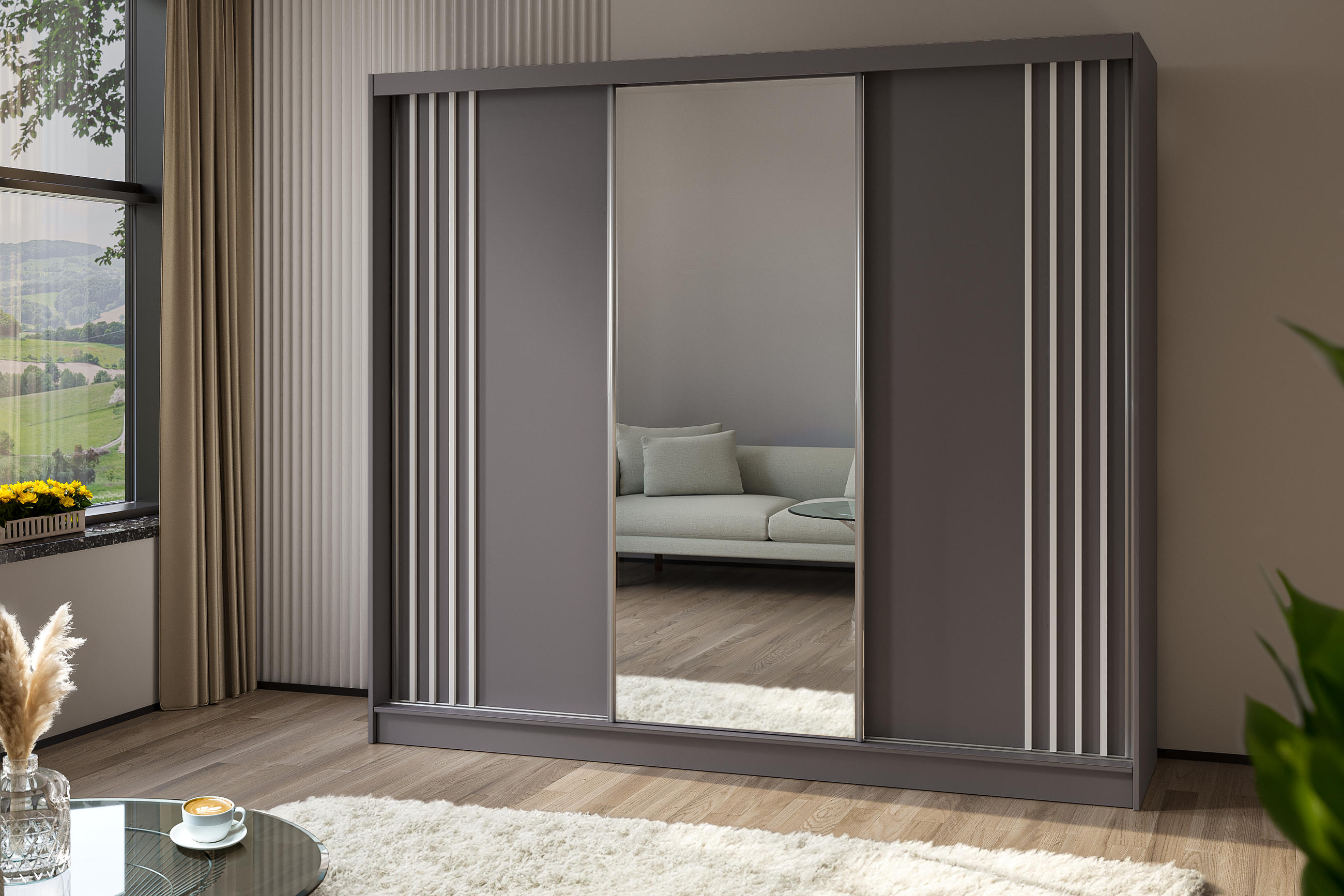 KLEIDERSCHRANK mit Spiegel-Schiebetüren und Aluminium-Leisten, LED-Beleuchtung - NALLA - 240 cm Grau+Grau+Weiß - Weiß/Grau, Holzwerkstoff (240/216/61cm) - ALTDECOR