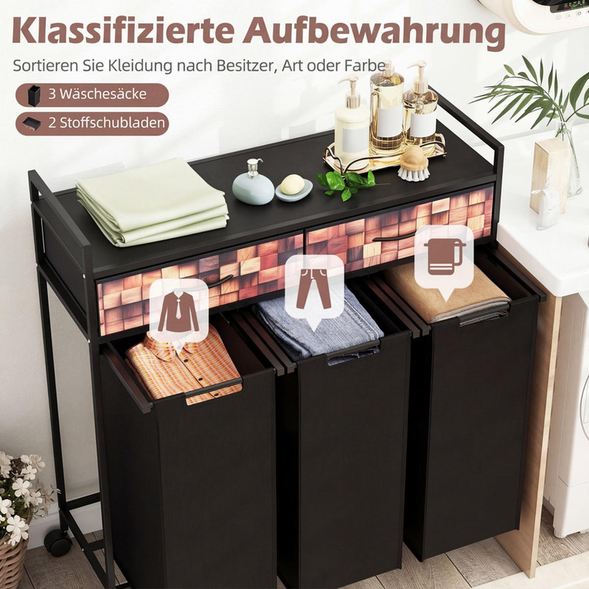 WÄSCHEKORB mit Wäschesäcken schwarz - Schwarz, Metall (92.5/97/33cm) - COSTWAY